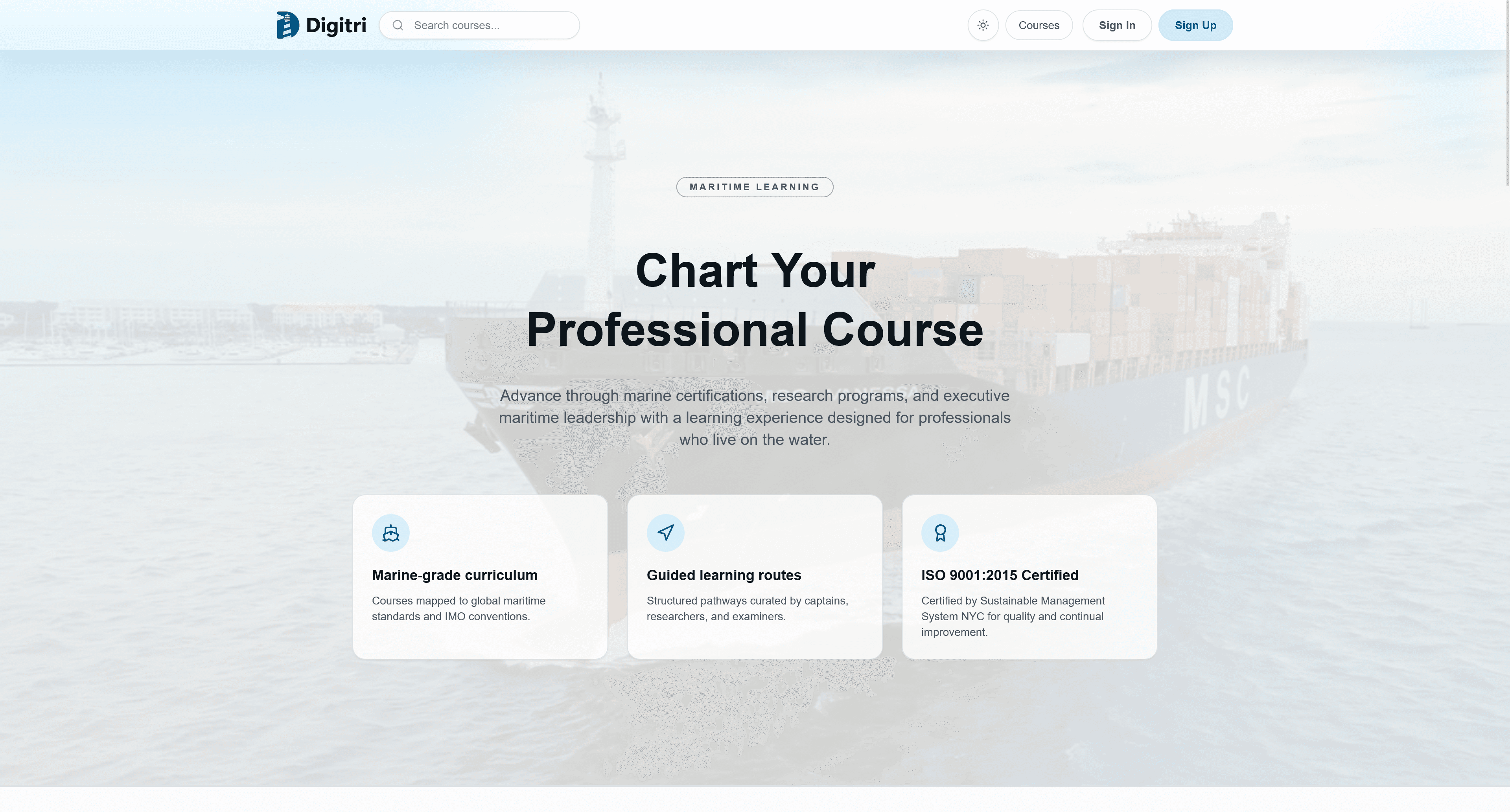 Digitri landing page and maritime learning platform preview