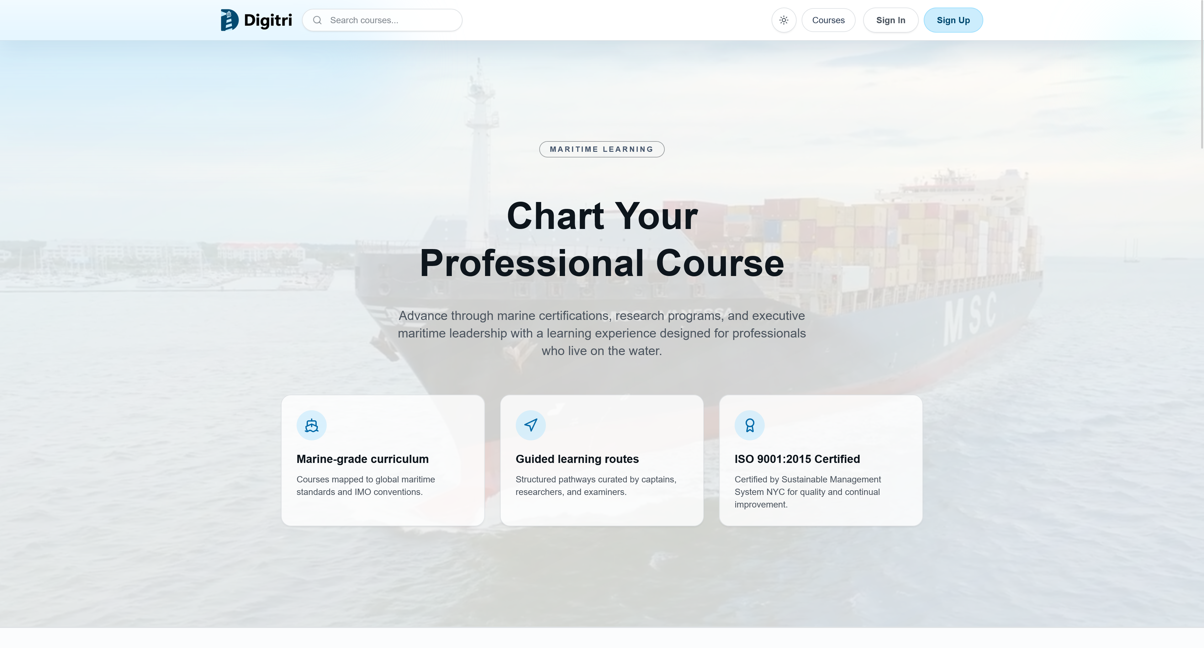 Digitri landing page and maritime learning platform preview